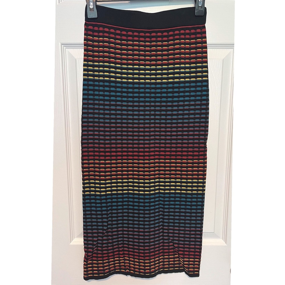 House of Harlow x Revolve Midi Knit Pencil Skirt Rainbow Stripe Sunset Ombré S